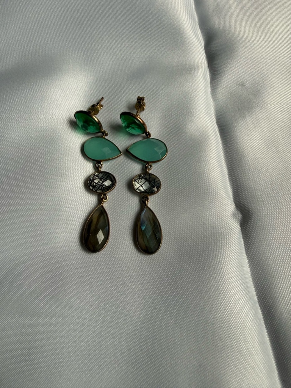 Gold Drop Earrings with Green and Teal Gemstones - Women Jewelry